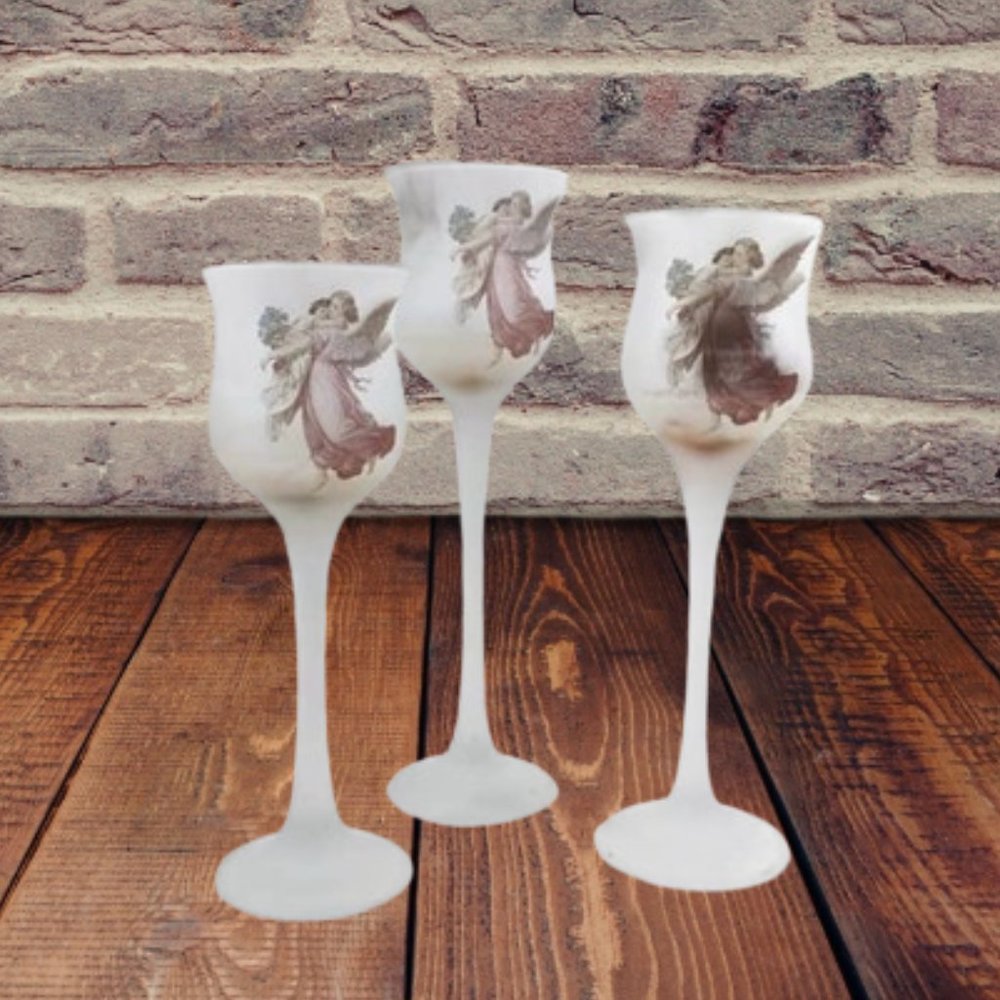 Vintage Candle Holder Set Frosted Glass Victorian Angels